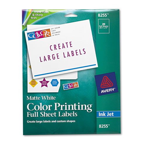 Avery matte white ink jet labels, 8 1/2&#034;x11&#034;, 20 per pack. sold as pack of 20 for sale