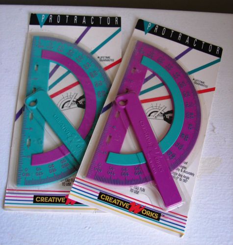 Two (2) CREATIVE WORKS (FISKARS) Plastic Swing Arm Purple and Teal Protractors