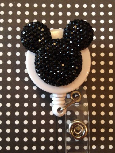 Mickey Mouse Ears ID Badge/holder Retractable Reel W/Crystals