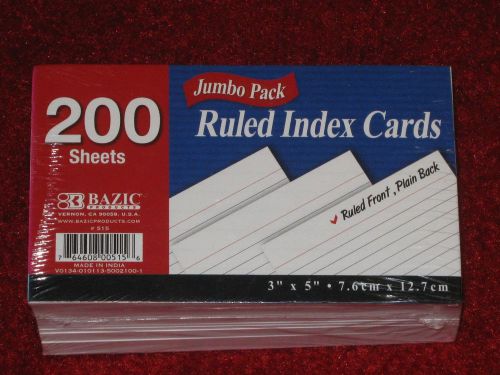 BAZIC 200 Ct. 3&#034; X 5&#034; Ruled White Index Card-Ruled Front Plain Back
