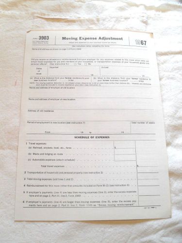 1967 IRS Moving Expense Adjustment Form #3903, Nice!