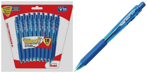 Pentel WOW Retractable Ballpoint Pens, Medium Point, Blue, 18/Pack - Brand New