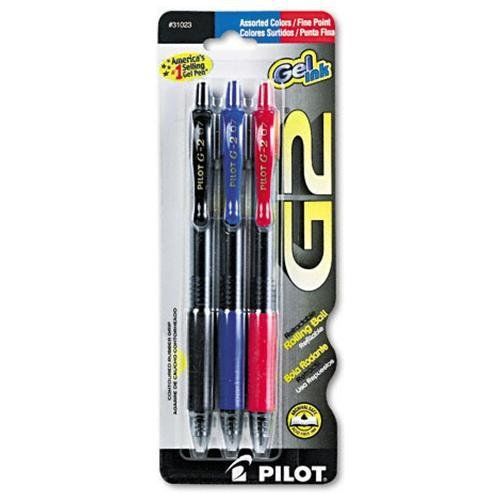 Pilot 31023 G2 Retractable Gel Ink Pen, Assorted Ink, Fine, 3 Per Pack