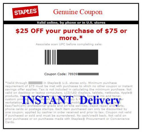 Staples $25 off $75 online/instore-coupon(INSTANT delivery; check email spam)