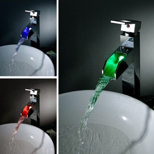 Modern LED Waterfall Single Handle Vessel Faucet Chrome Brass Tap Free Shipping