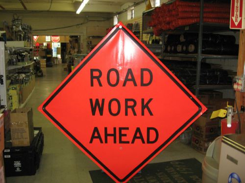 Road Work Ahead Fluorescent Vinyl Sign w/ Ribs 48&#034;x48&#034; Roll Up Sign
