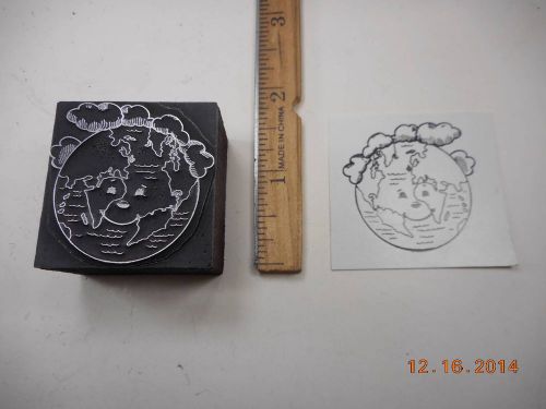 Letterpress Printing Printers Block, Earth Face w Ship Eyes &amp; Clouds for Hair