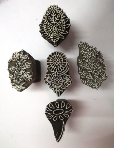 LOT OF 5 WOODEN HAND CARVED TEXTILE PRINTING FABRIC BLOCK STAMP FLOWER CARVING