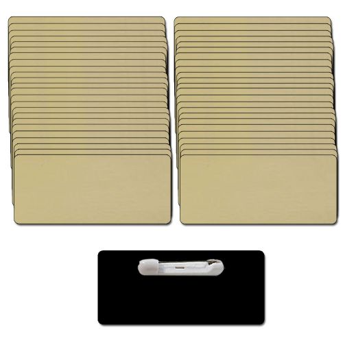 50 BLANK 1 1/2 X 3 GOLD NAME BADGES TAGS 1/8&#034; CORNERS AND SAFETY PIN FASTENERS
