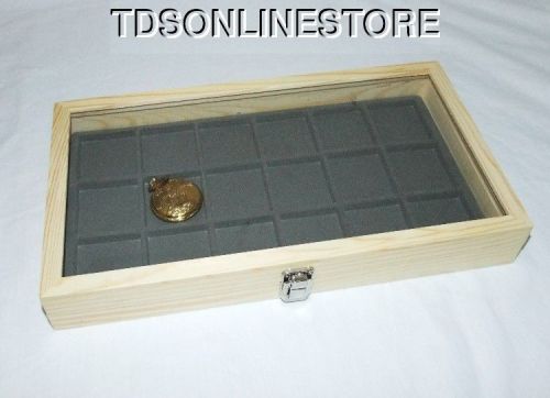 NATURAL WOOD POCKET WATCH/ JEWELRY 18 SLOT GLASS TOP DISPLAY GRAY