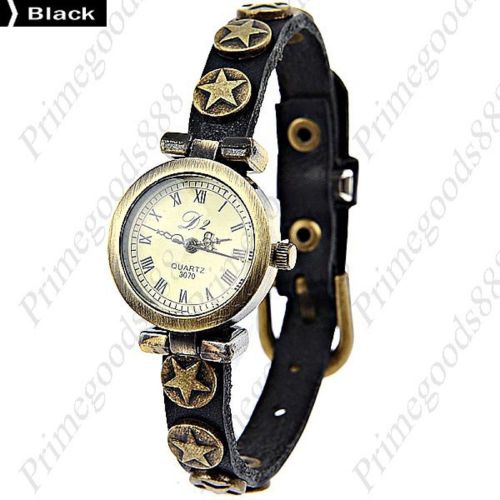 Star Round Analog PU Leather Lady Ladies Wrist Quartz Wristwatch Women&#039;s Black