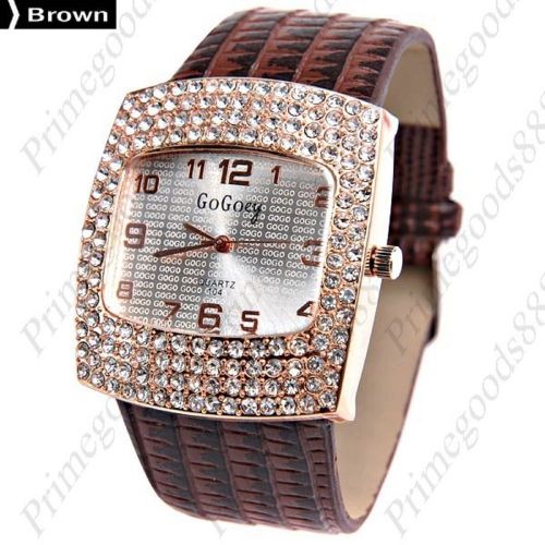 Square Case PU Leather Quartz Rhinestones Lady Ladies Wristwatch Women&#039;s Brown