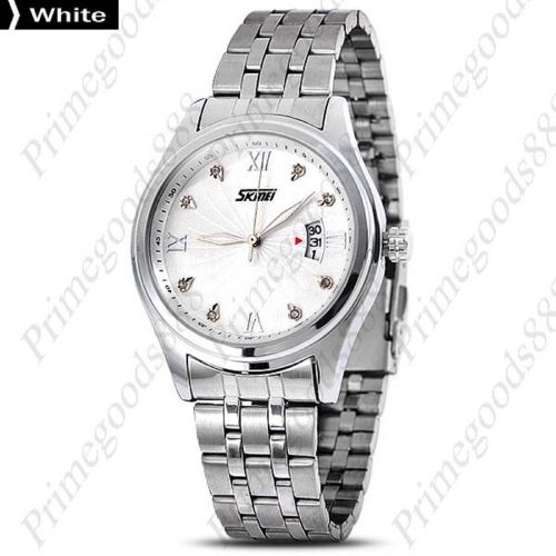 Silver Round Quartz Analog Stainless Steel Date Wrist Men&#039;s Wristwatch White