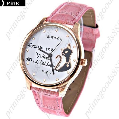 Cat Round Case PU Leather Quartz Wrist Wristwatch Free Shipping Women&#039;s Pink