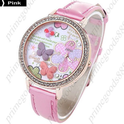 PU Leather Round Butterfly Quartz Wrist Wristwatch Free Shipping Women&#039;s Pink