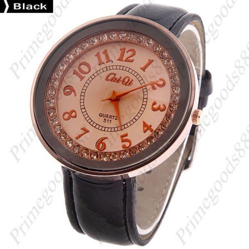 Round PU Leather Strap Rhinestones Wrist Quartz Wristwatch Women&#039;s Black