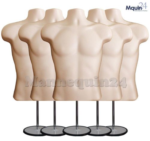 5 Flesh Male Torso Mannequin Forms w/5 Stands +5 Hanging Hooks Man&#039;s Clothings