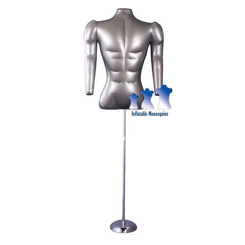 Inflatable Male Torso with Arms, Silver and MS1 Stand