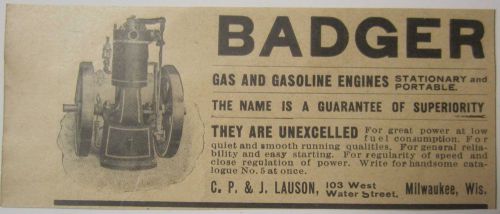 1903 ADVERTISEMENT BADGER GASOLINE ENGINE LAUSON MILWAUKEE WISCONSIN ORIGINAL