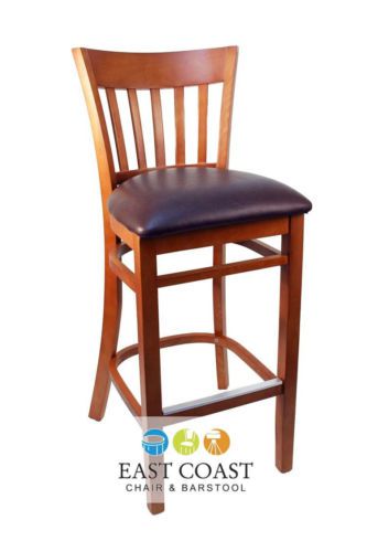 New Gladiator Cherry Vertical Back Wooden Bar Stool with Brown Vinyl Seat
