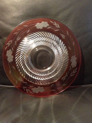 Ruby Red glass cake serving Plate Platter Floral  pedestal Etched MUST SEE !!!