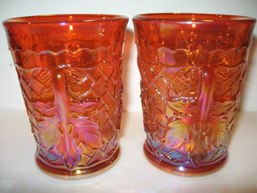 pair of marigold carnival glass maple leaf tumblers cups goblet iridescent amber