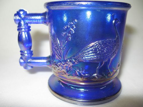 Cobalt Blue carnival glass childs mug cup peacock / stork pattern childrens bird