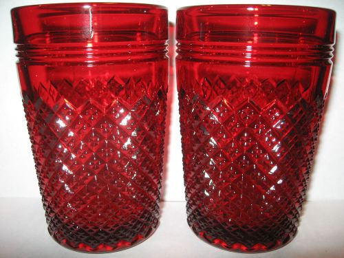 pair of Ruby Red glass diamond pattern tumbler cups goblets royal 2 gold glasses