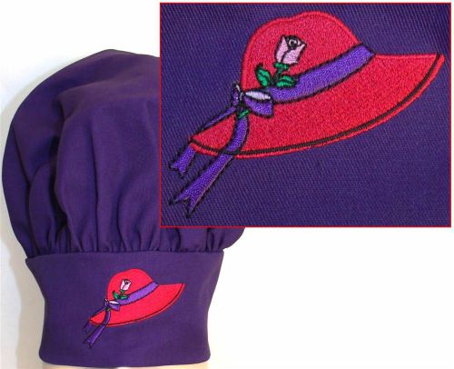 Purple Red Hat Society Chef Hat Adult Adjustable Pink Rose &amp; Ribbon Embroidery