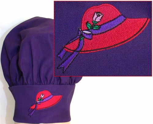 Purple Red Hat Society Chef Hat Adult Adjustable Pink Rose &amp; Ribbon Embroidery