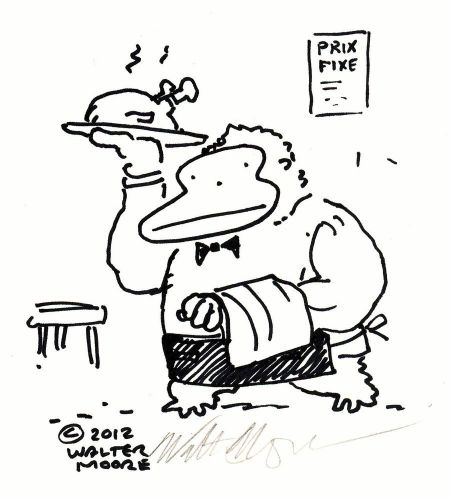 Waitstaff Ape, Original Signed Cartoon Art by Walter Moore