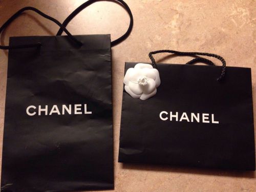 2 Chanel paper shopping gift bag w/ 3D Camellia flower on one