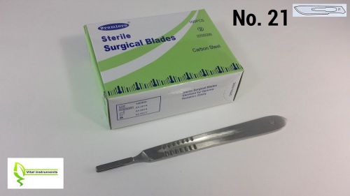 100 Surgical Scalpel Blades #21 Sterile Carbon Steel + 1 Scalpel Handle #4
