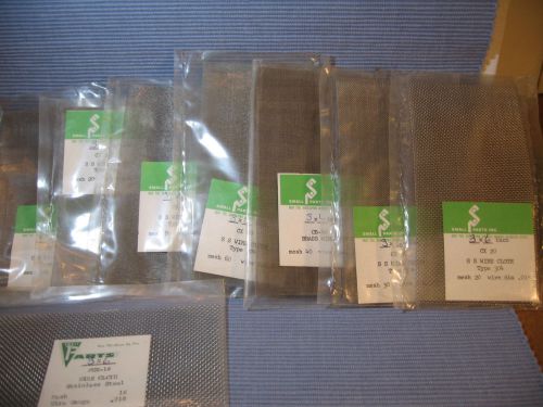 Set of nine stainless steel mesh samples from 200 to 6 mesh size, new for sale