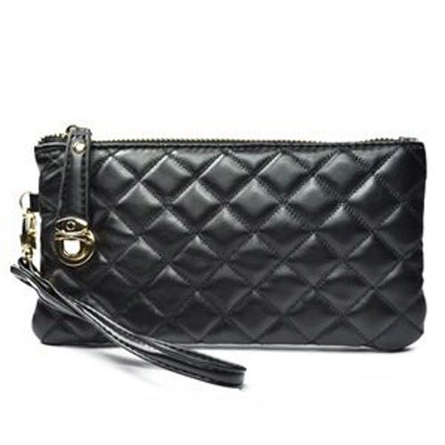 Black PU synthetic leather soft women wallet with a wristlet