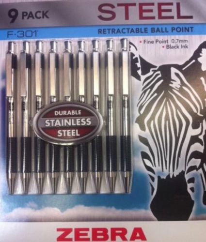 Zebra F-301 Retractable Ball Point Pen 9pk. Ink Fine 0.7mm Stainless Steel