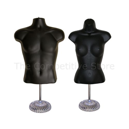 Torso male + female (waist long) w/ economic plastic base mannequin set - black for sale