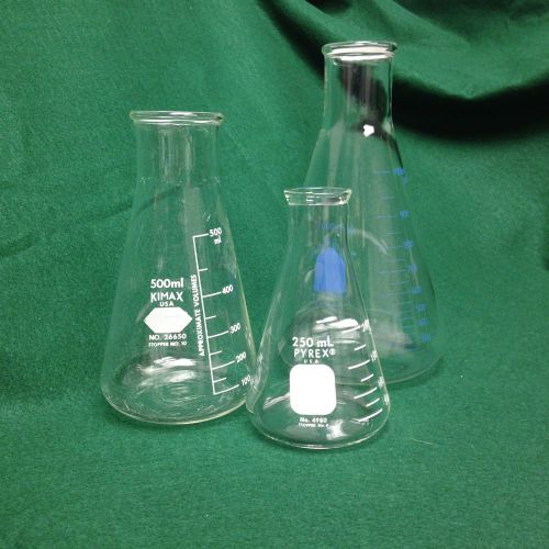 Lot of 3 Glass Erlenmeyer flasks; Pyrex 1000ml, Kimax 500ml &amp; Pyrex 250ml