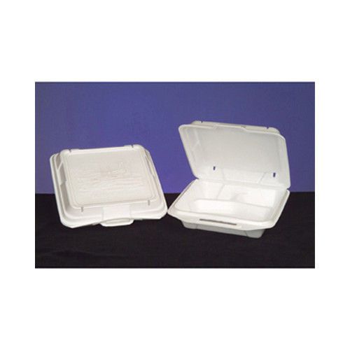 Genpak foam hinged carryout container with 3 compartment in white, 100/bag for sale
