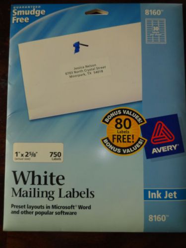 AVERY INK JET 8160 WHITE MAILING LABELS 750 LABELS 1&#034;X2 5/8&#034; &#034;FREE SHIP&#034;