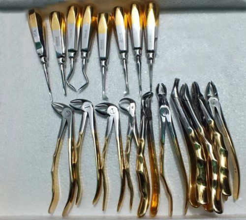 GOLD HANDE SET OF 10 DENTAL EXTRACTING EXTRACTION FORCEP WITH SET OF 8 ELEVATORS