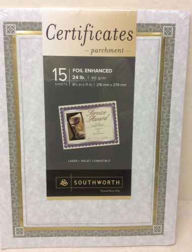 Pkg of 15-Southworth Foil Enhanced Blue Parchment Paper Certificates 8.5&#034; X 11&#034;