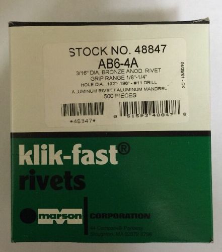3 BOX LOT (1500 PCS) MARSON KLIK-FAST RIVETS  AB6-4A  3/16 DIAMETER BRONZE BRNZ