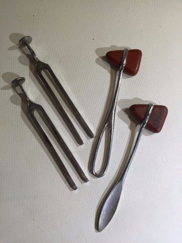 Vintage medical neurology reflex hammers &amp; clay adams tuning forks set of 4 for sale