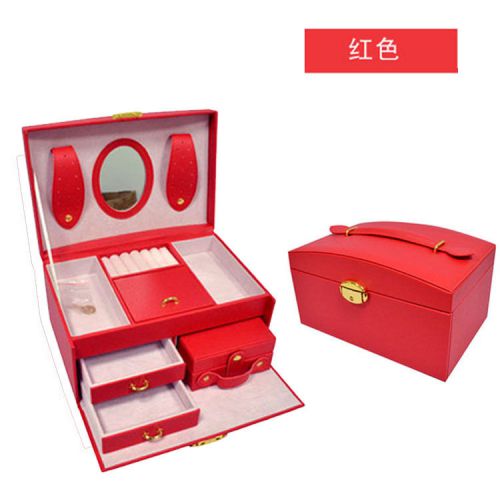 Jewelry Box Storage Organizer Case Wedding Birthday Gift Mirror PU Leather Red