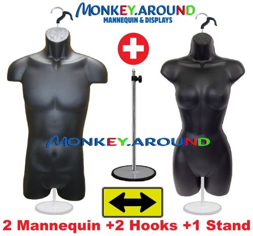 2 display form mannequin male &amp; female black dress body 2 hangers +1 metal stand for sale