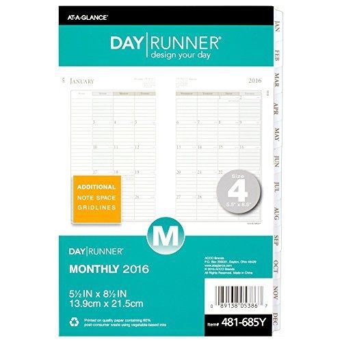 Day runner monthly planning pages 2016, 12 months, loose-leaf, size 4, 5.5 x 8.5 for sale