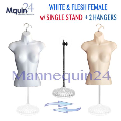 SET of 2 WHITE &amp; FLESH FEMALE TORSOS +1 STAND +2 HANGERS: BODY MANNEQUIN FORMS