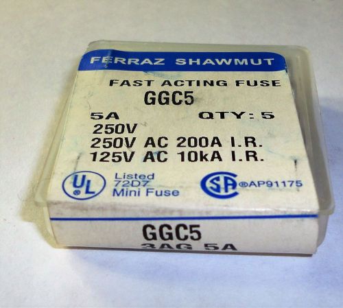 BOX OF 5 NOS TYPE 3AG GOULD SHAWMUT GGC 5 AMP  FAST BLOWING FUSE 250V