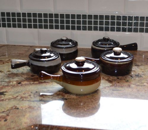NEW (Set) 5 Traditional Lidded French Onion Soup Brown Ceramic Handled Crocks